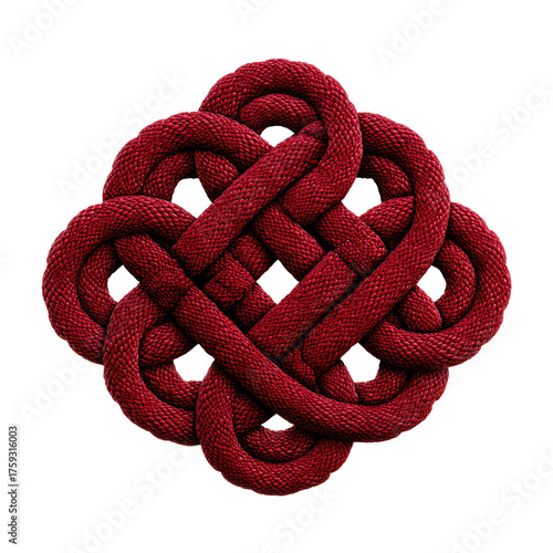 Complex knot with a heart shape, rendered with a textured maroon material