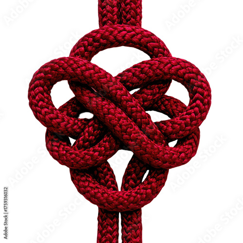A complex, crimson knot, intricately woven, against a stark, black background
