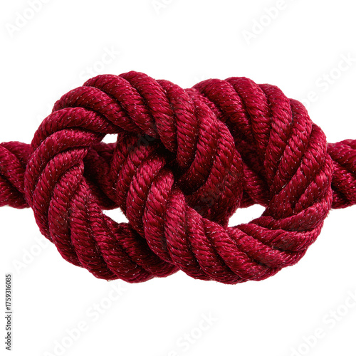 A close-up of a complex maroon rope knot, isolated on a solid black background