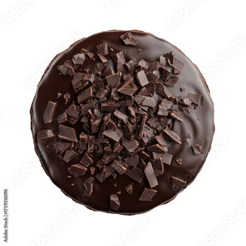 Overhead shot of a circular dark chocolate pastry sprinkled with roughly chopped chocolate chunks
