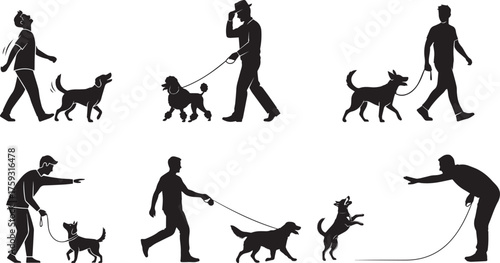 Silhouettes of people walking and training dogs on leashes in various poses and activities
