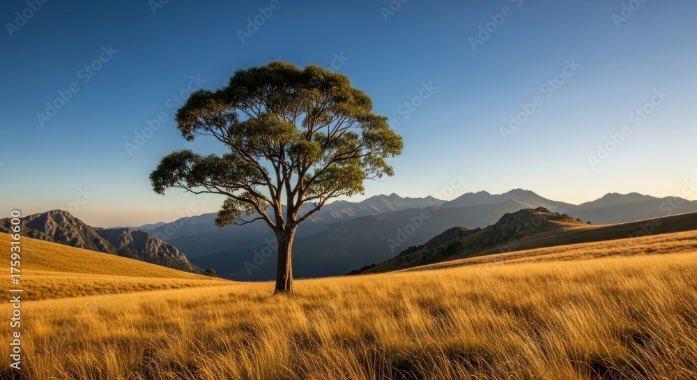 Fototapeta premium Lone tree stands in golden field, mountain range backdrop, clear blue sky above