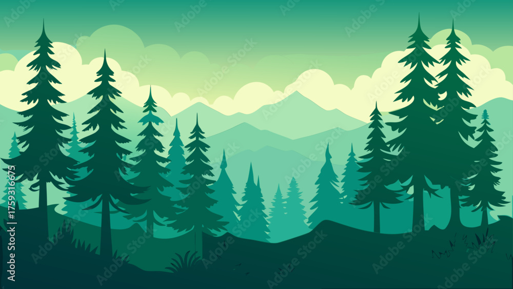 Fototapeta premium Pine woodland horizon silhouette illustration