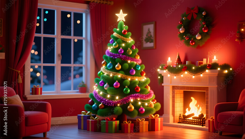 Naklejka premium 3D illustration of warm living room decoration for Christmas