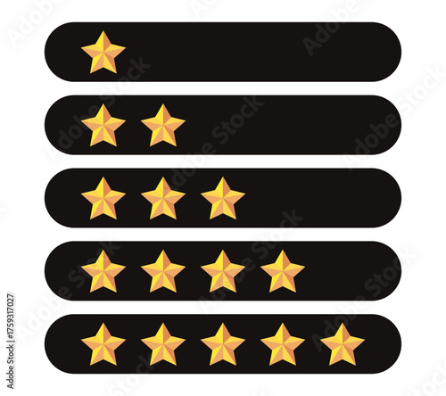 Gold five star rating icon set on transparent background. Vector Illustration flat icon with lighted yellow golden and line stars for reviews, feedbacks products and services.