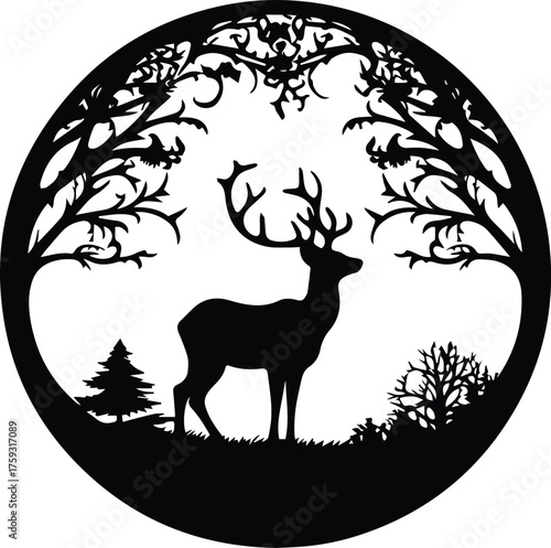 Charming round christmas decoration featuring festive trees and deer in a winter scene