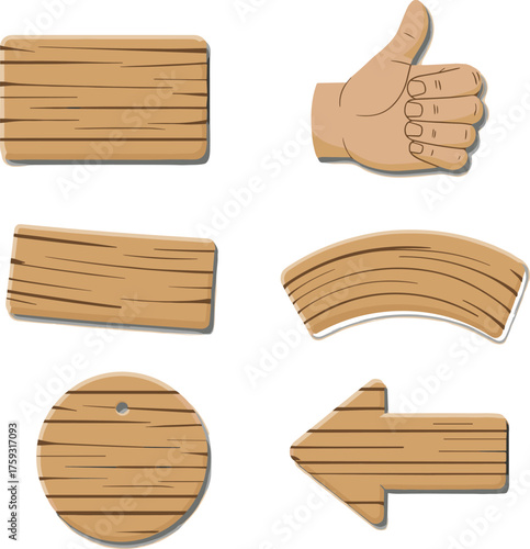 Set of wooden icons including arrow, thumb up, circle, rectangle, and curved board shapes for design, signage, and decoration