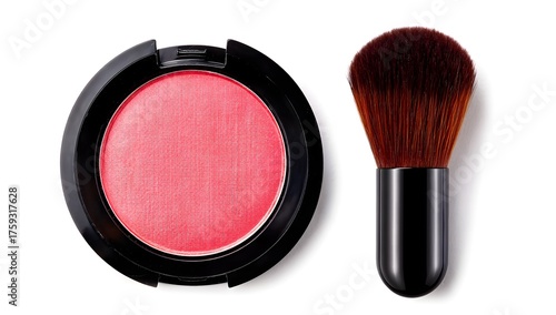 Vibrant Pink Blush and Makeup Brush on White Background