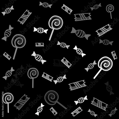 Sweet Candy Seamless Black and White Halloween Pattern – Tileable Spooky Background with Icons and Symbols