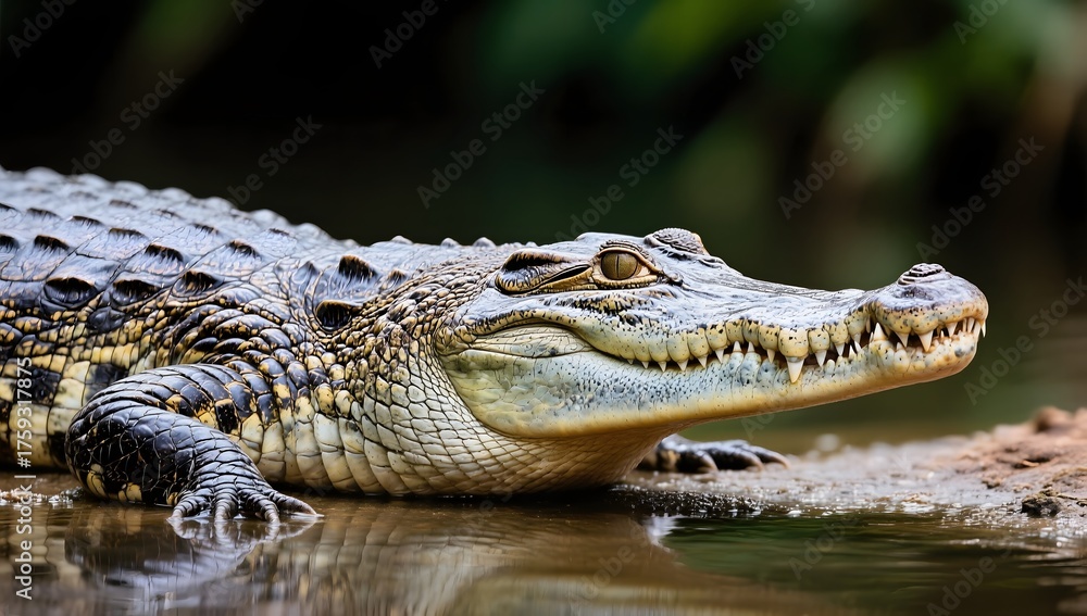 Fototapeta premium Close-Up View of a Crocodile Relaxing by the Water Edge in Nature