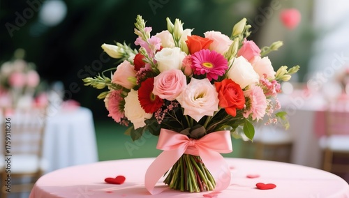 Colorful Bouquet of Roses and Lilies on Table for Celebration