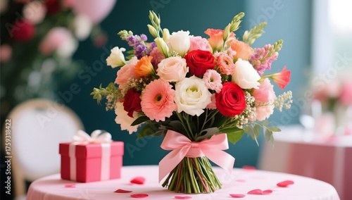 Elegant Flower Bouquet Arrangement on Table with Gift Box