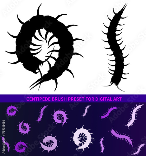 Centipede worm two in one Brush preset for digital art, black icon in white.Brush preset asset.For horror creepy scary digital arts and design.