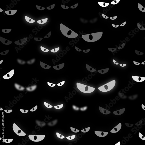 Creepy Eyes, Glowing eyes.Seamless Black and White Halloween Pattern – Tileable Spooky Background with Icons and Symbols