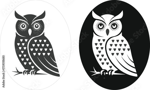 Owl Stylized, black and white vector birds, symmetrical design, expressive eyes, modern wildlife clipart, nature-themed art for print