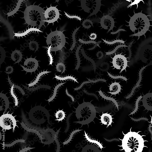 Centipede worm Seamless Black and White Halloween Pattern – Tileable Spooky Background with Icons and Symbols