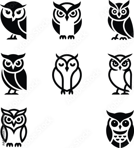Set of nine stylized owl illustrations, black and white vector birds, abstract and geometric designs, modern wildlife clipart for branding, print, merchandise