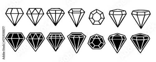 Diamond vector set, Diamond line icon, Gemstone symbol, logo illustration. isolated on white.