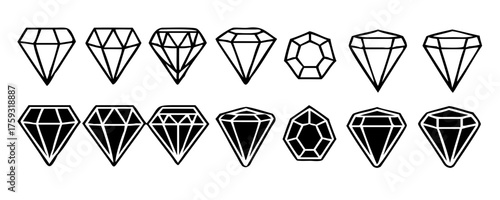Diamond vector set, Diamond line icon, Gemstone symbol, logo illustration. isolated on white.