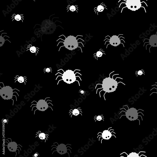 Cute Spiders.Seamless Black and White Halloween Pattern – Tileable Spooky Background with Icons and Symbols