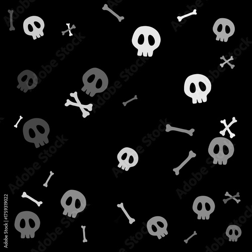 Cute Seamless Black and White Skull and Bones.Halloween Pattern – Tileable Spooky Background with Icons and Symbols.