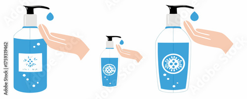 Hand sanitizers. alcohol to kill bacteria and eliminate virus, stop some viruses such as coronavirus. Sanitizer bottle, hand washing symbol, for the spread of viruses Covid-19 and corona outbreaks,