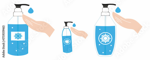 Hand sanitizers. alcohol to kill bacteria and eliminate virus, stop some viruses such as coronavirus. Sanitizer bottle, hand washing symbol, for the spread of viruses Covid-19 and corona outbreaks,