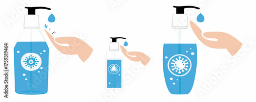 Hand sanitizers. alcohol to kill bacteria and eliminate virus, stop some viruses such as coronavirus. Sanitizer bottle, hand washing symbol, for the spread of viruses Covid-19 and corona outbreaks,