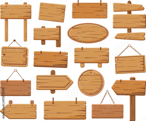 Collection of cartoon wooden signboards with arrows, hanging chains, and text for picnic area, welcome, trailhead, and direction design