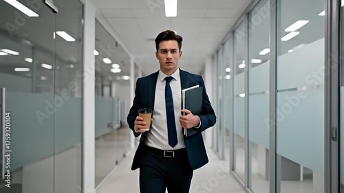 Wallpaper Mural Businessman rushing down modern office corridor holding coffee and documents Torontodigital.ca