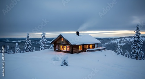A cozy wooden cabin nestled on a snow-covered hilltop with smoke gently rising from its chimney.