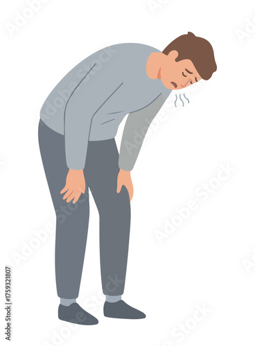 Illustration of a man bent over, possibly experiencing nausea or fatigue.