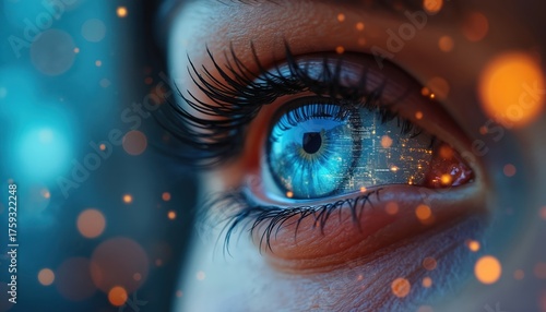 Close up of a human eye reflecting a modern city at night with digital data streams. Futuristic vision, AI powered insight, urban future business.