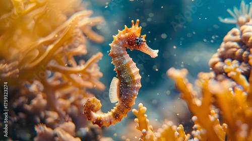 Fototapeta Naklejka Na Ścianę i Meble -  Vivid Seahorse Among Bright Coral Reef Under Clear Ocean Water
