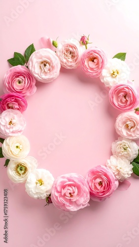 A vibrant circular arrangement of colorful ranunculus blooms and green leaves against a pastel pink backdrop, creating a floral frame