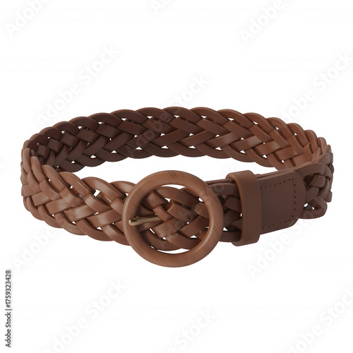Womens brown braided leather belt with round wooden buckle and gold buckle transparent background