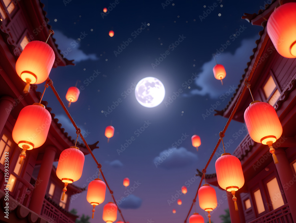 Obraz premium Mid-Autumn Festival Kongming Lantern Night Moon National Trend National Style Wishing Blessing Illustration