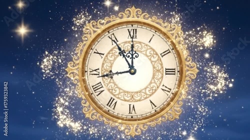 An ornate clock shows five minutes to midnight against a dark blue starry background