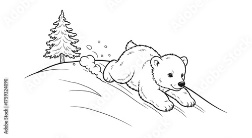 Fluffy Polar Bear Cub Sliding Down a Small Snow Hill Winter Coloring Page