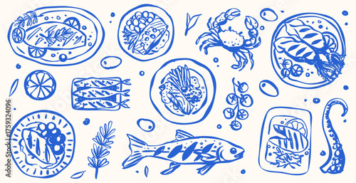 Hand Drawn Foods Doodle Mediterranean Matisse Whimsical Italian Food and Drink, Summer Tropical and Sea Food Line Drawing Vector illustration