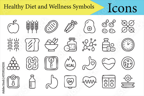 Clean line vector icons for nutritionist, meal plan, and dietary health concepts