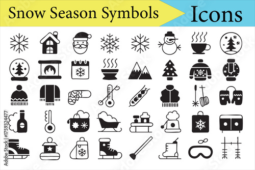 Holiday line art icons for Christmas, snow, and cold weather designs