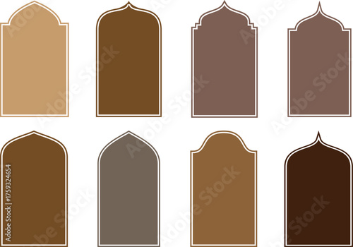 set of wooden Islamic door and window shape. Muslim architecture geometric design for label