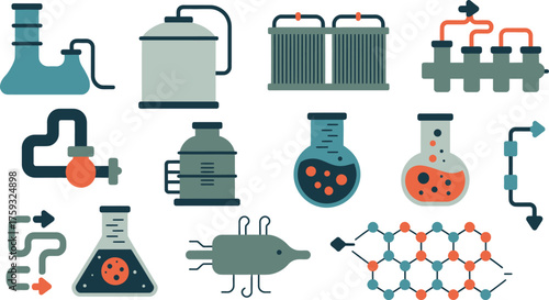 Colorful Illustration Chemistry Lab Equipment, Beakers, Flasks, Pipes, and Molecule Structure
