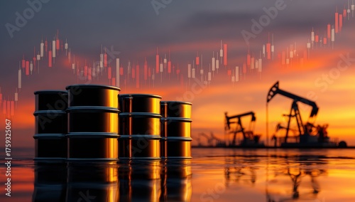 Oil Barrels and Derricks with Rising Stock Chart Against Vibrant Orange Sunset Sky for Business Concept