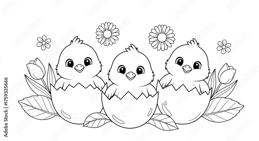 Fototapeta premium Baby Chicks Hatching from Cracked Eggs Amidst Fresh Spring Blooms and Leaves