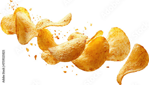 Overhead shot of crisps against black background, a dynamic display of golden-brown potato slices