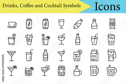 Coffee, tea, and cocktail vector icons pack for food and beverage branding