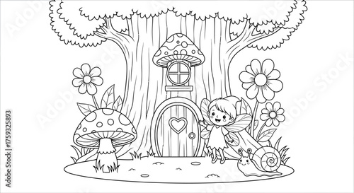 Charming Fairy House Inside a Hollow Tree Trunk Line Art Coloring Page for Kids