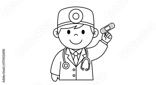 Cheerful Doctor with Stethoscope and Band Aid Community Helpers Coloring Page